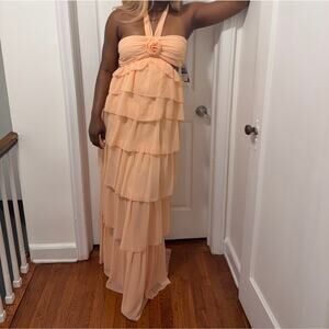 Seni & Cade Juniors Chiffon Cutout Tiered Halter Ruffle Gown with Rosette